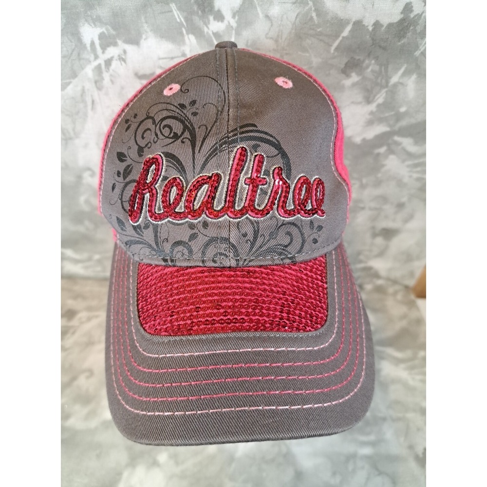 Womens Sequined Realtree Spell Out Pink Camo Hat Ball Cap